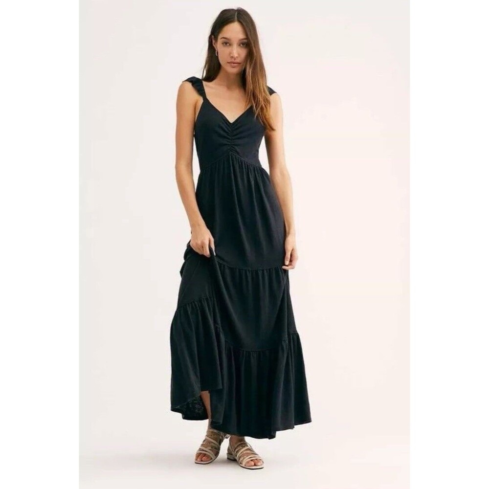 K29 Free People Beach Langley Black Ruffle Shoulder Maxi Dress S Linen Blend